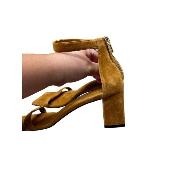 Good American Amber Tan Suede Square Toe Strappy Zippered Block Heel Sandal 9 - Picture 3 of 7